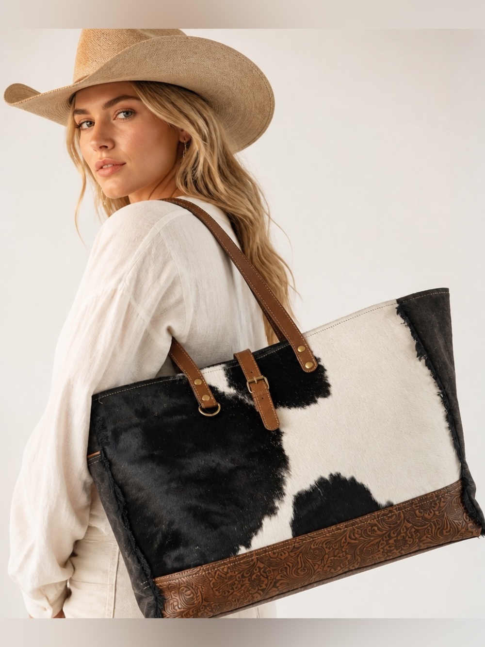 New Myra Western Cowhide Weekender Bag Leather Duffel Travel Carry-On Boho